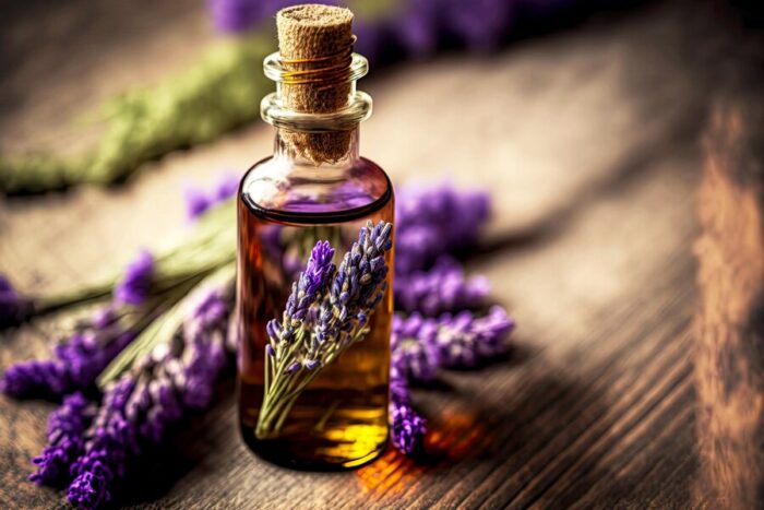 Olio essenziale raccolto in bottiglia di fiori di lavanda su tavola di legno 124507 67302